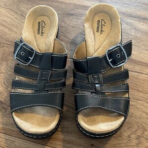 Clarks Black Leather Buckle Sandals